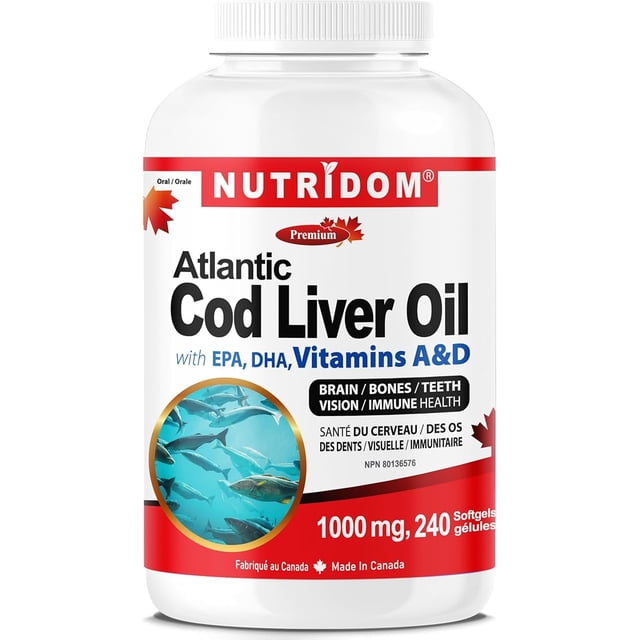 Nutridom Atlantic Cod Liver Oil 1000mg, 240 Fish Gelatin Softgels ...