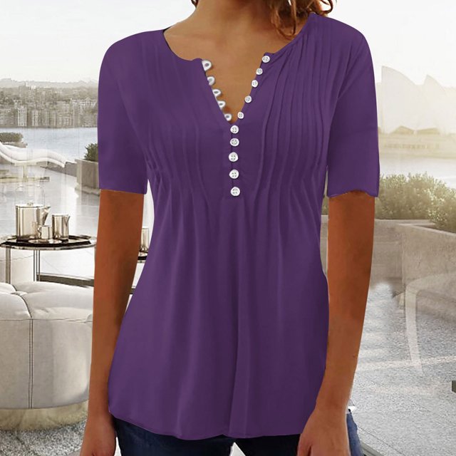 LSLJS Womens T Shirts Women's Fashion Casual Round Neck Pleated Solid Color Button Top Blouse