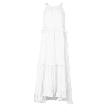 Ruffles Navy Blue A-line Loose Casual Maxi Long Summer Women Dress Halter Sleeveless Robe Party Vestidos - White / M