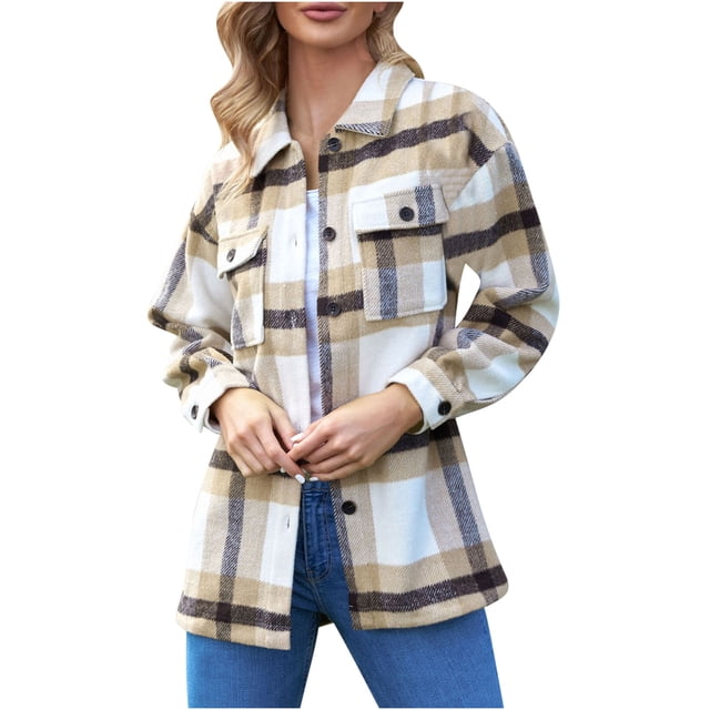 Yuyuzo Plaid Flannel Shirts for Women Oversized Long Sleeve Shacket Jacket Button down Blouse Tops