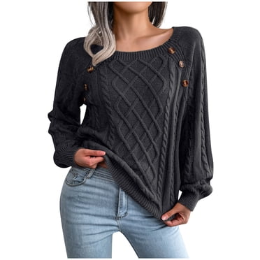 IROINID Women's Scoop Neck Pullover Sweater Solid Color Loose Mid-Length Long Sleeve Sweater Button Blouse Autumn Tops