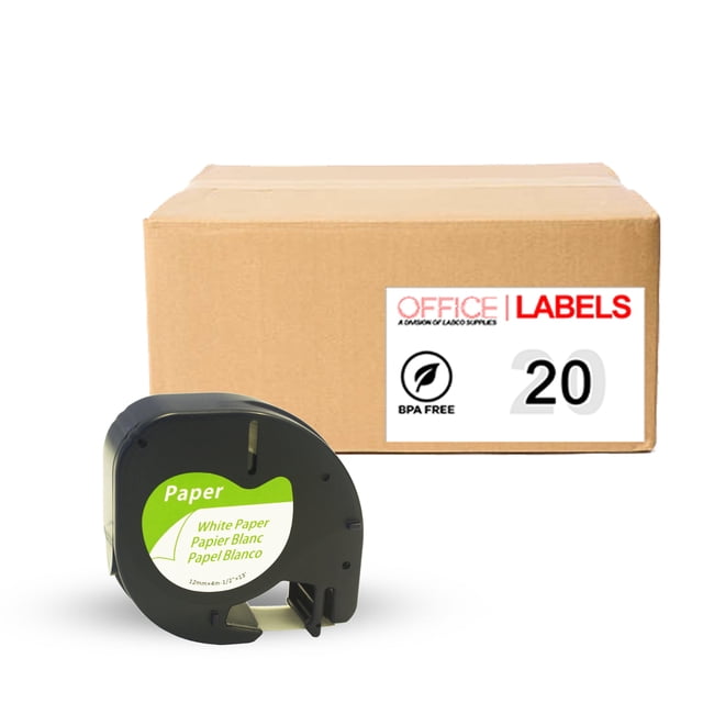 20 Pack of 91330 Black on White Compatible Paper Tape for Dymo Letratag, featuring 1/2 inch (12mm x 4m) tape with black writing on white paper. The image shows a compact black tape cartridge labeled 'White Paper' in green and white, placed in front of a cardboard box marked 'Office Labels' and '20 BPA Free.'
