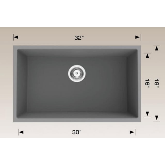 American Imaginations 32-in. W CSA Approved Coffee Kitchen Sink With 1 Bowl, top-down view of a rectangular single bowl undermount kitchen sink in coffee granite composite finish, measuring 32 inches wide, 18 inches front to back, and 16 inches deep, with a centered drain, designed for deck mount faucet installation.