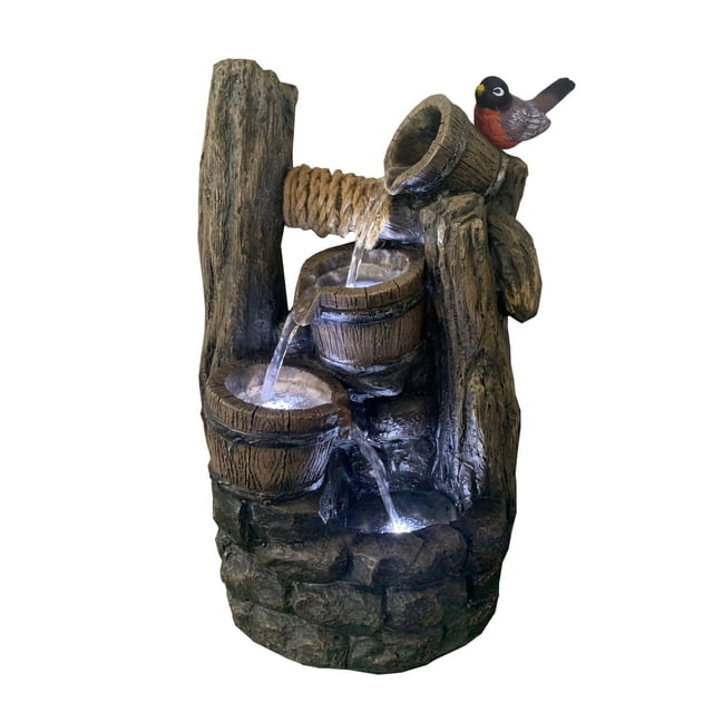 Angelo Décor 22-inch Rocky Well Fountain with pump featuring three cascading wooden barrels with flowing water into a stone-textured basin, made from fibre reinforced concrete with energy-efficient pump and LED accent lighting, ideal for outdoor patio and garden decor.
