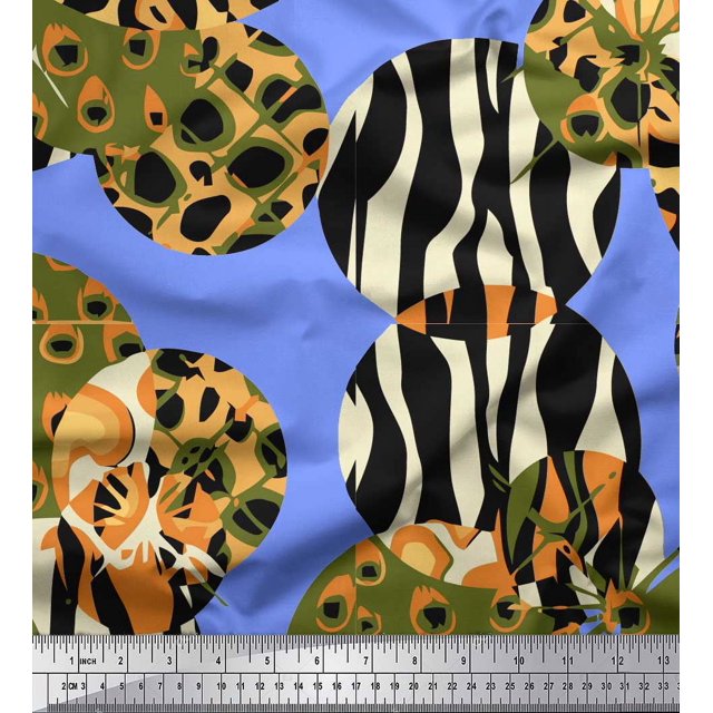 Soimoi Blue polyester Crepe Fabric Leopard & Wild Animal Skin Fabric Prints by Yard 52 Inch Wide