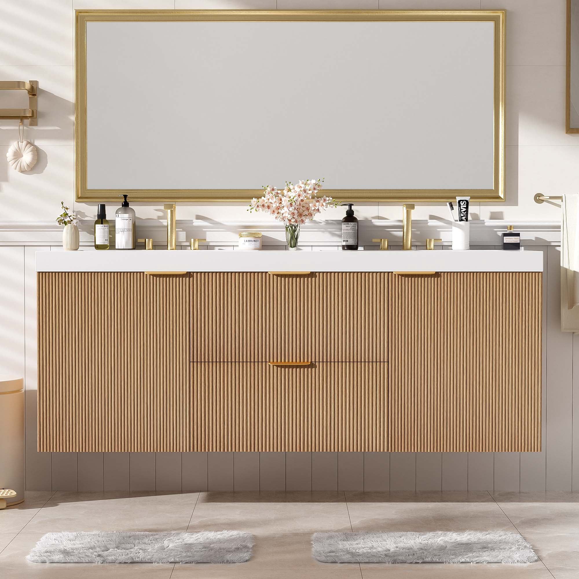 Noble House 59.3" Double Sink Bathroom Vanity, SMC Resin Top, Soft-Close Doors, Wall-Mounted, Modern Style