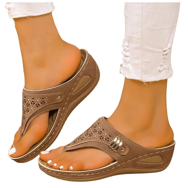 Orthopedic Wedge Slides Sandals for Women Wide Width Comfortable Leather Arch Support Walking Flip Flops