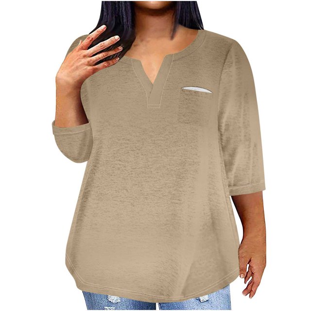 QIPOPIQ Plus-Size Tops for Women Summer V Neck T Shirts Color Block Raglan Tees Clearance
