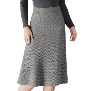 Women's Ribbed Knit A-Line Skirts Elastic High Waist Stretchy Sweater Midi Skirt XL Grey