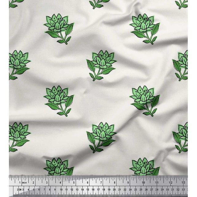 Soimoi Polyester Crepe Fabric Leaves & Lotus Block Print Sewing Fabric Yard 52 Inch Wide