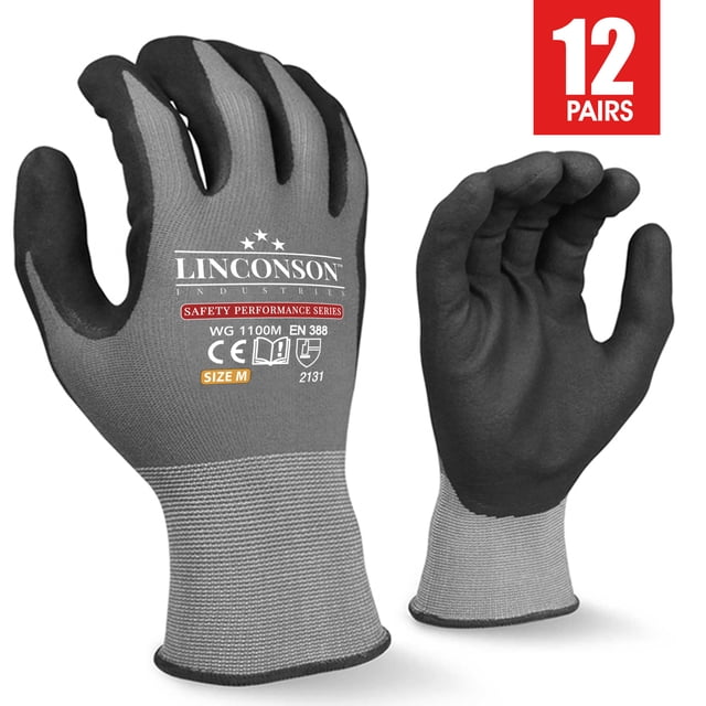 LINCONSON 12 pack Safety Performance Series Construction Mechanics Work Gloves (Large, Grey)