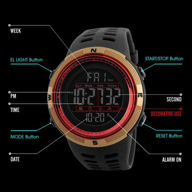 Maoww 1251 Mens Digital Sports Watch Waterproof Stopwatch Countdown Black