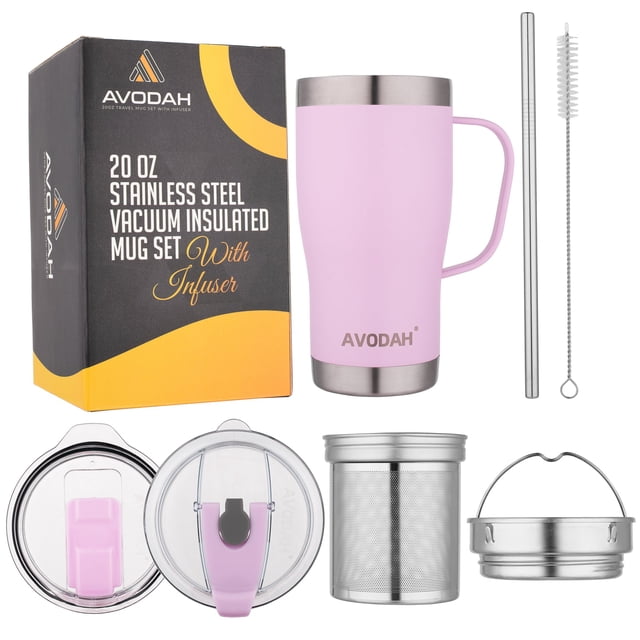 AVODAH Tea Infuser Mug with Tea Strainer, Two Lids and Straw in lilac color. The set includes a 20 oz stainless steel vacuum-insulated mug with a handle, a snug-fit tea infuser, two airtight lids (one with a straw hole), a reusable metal straw, and a cleaning brush. The mug is double-walled with copper plating for temperature retention, keeping drinks hot or cold. Packaged in a branded box.