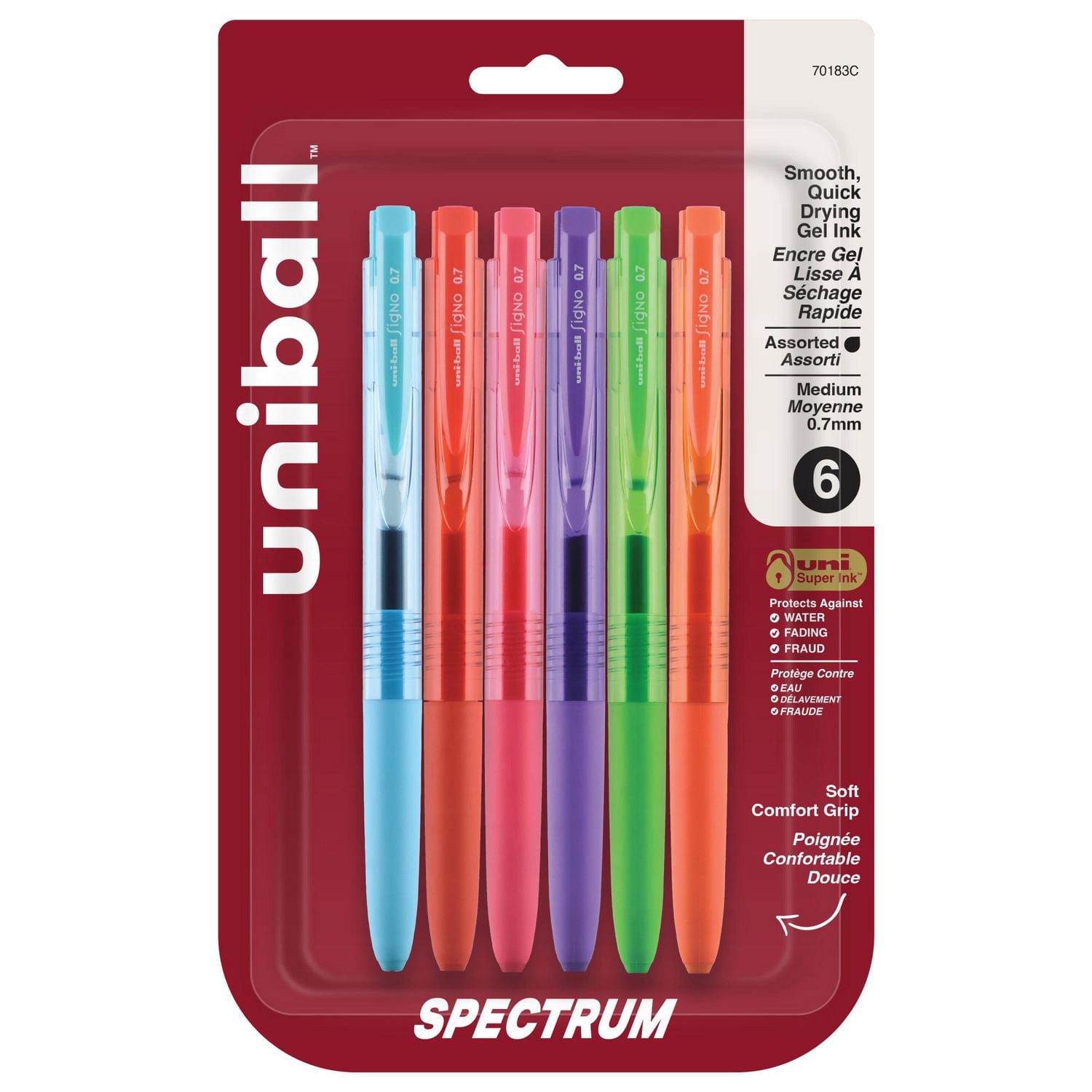 uni® Spectrum Retractable Gel Pens, Medium Point (0.7mm), Assorted Ink, 6 Pack