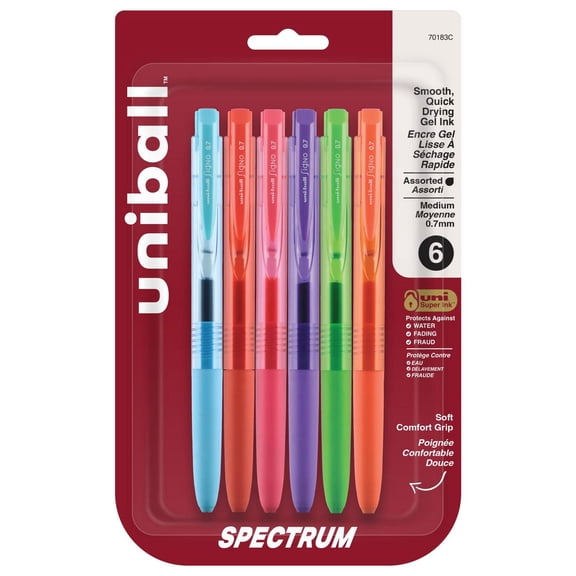 Stylos gel rétractables uni® Spectrum, pointe moyenne (0,7 mm), encre assortie, paquet de 6