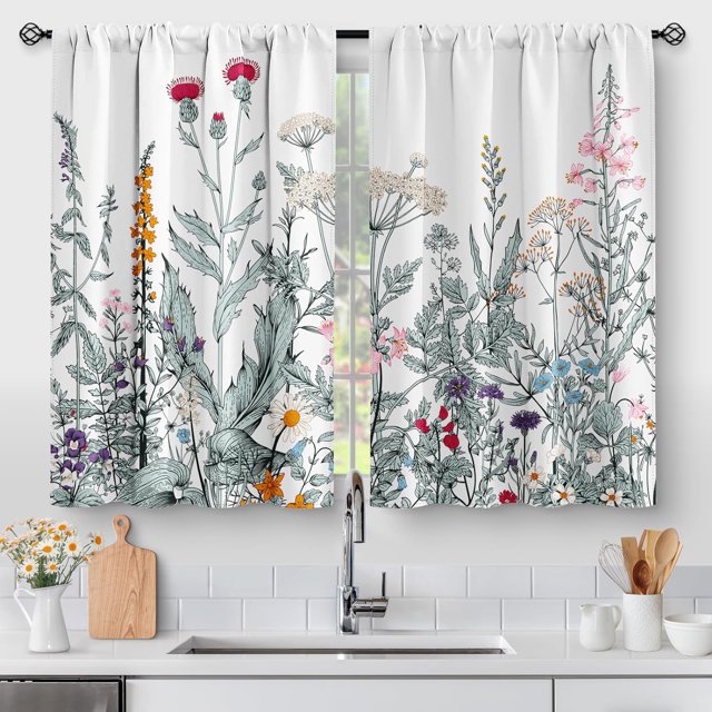 Flower Leaves Kitchen Curtains - Dark Green Floral Spring Rustic Plant Botanical Cafe Farmhouse Small Short Curtains for Bathroom RV Rod Pocket Window Drapes 24 Inch Length 2 Panels Set