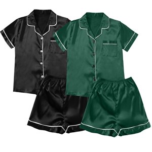 ZJXFGS Vêtements de nuit pour femmes, Pyjamas pour femmes et satins 4 Pièce Pyjamas manches courtes Vêtements de nuit et shorts ensemble pour femmes costume de loisirs Vêtements de salon, short pyjama ensemble pour les femmes noir 4XL