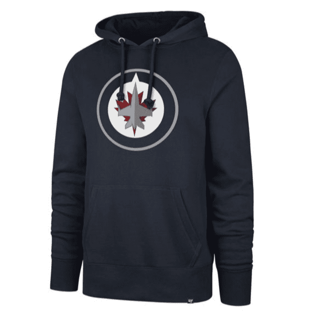 47' Men's Imprint Headline Hoodie featuring Winnipeg Jets logo. This officially licensed NHL pullover hoodie is made of 100% cotton, includes a front pouch pocket, and a drawstring hood. Ideal for Winnipeg Jets fan apparel with screen print graphics displayed on a dark fabric.