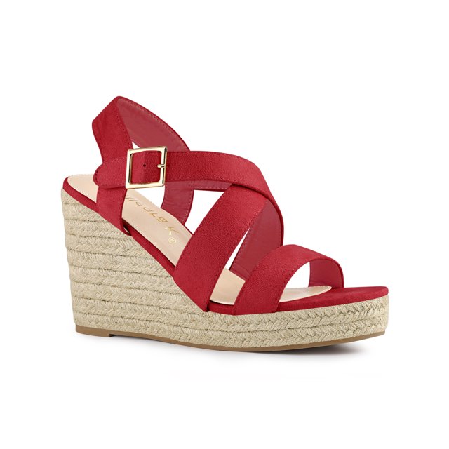 BLISSFUL STEP Chaussures pour Femmes Sandales Compensées Espadrilles à Bride Cheville Croisée Rouge 7