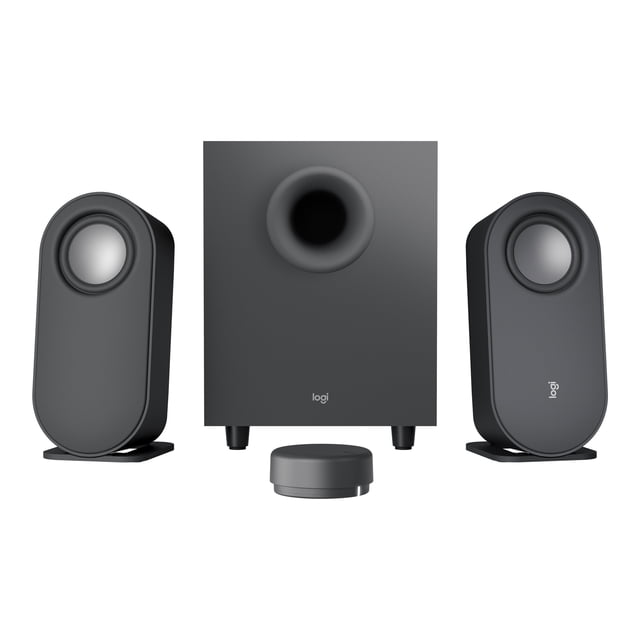 Logitech Z407 Bluetooth computer speakers with subwoofer and wireless control, featuring two oval satellite speakers and a down-firing subwoofer in a sleek black design. Includes a Bluetooth-enabled wireless control dial for adjusting volume, bass, and playback from up to 20 meters. Compatible with Bluetooth, USB-A, and 3.5 mm inputs.