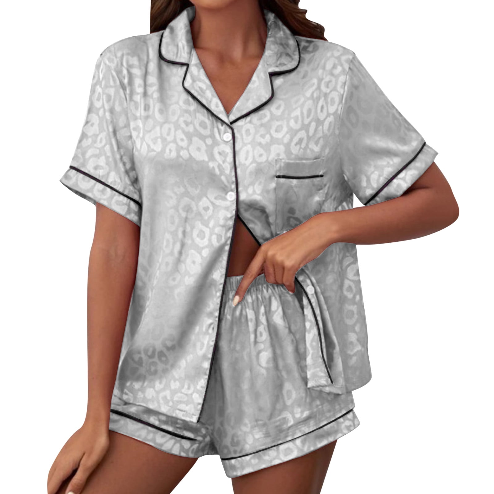 Kcodviy Womens Satin Printed Housewear Robe Set for Women Short Sleeved Lapel Silk Knit Pajamas Set Women Like Pajamas Womens Comfortable Womens Pajamas Multi Color Suit
