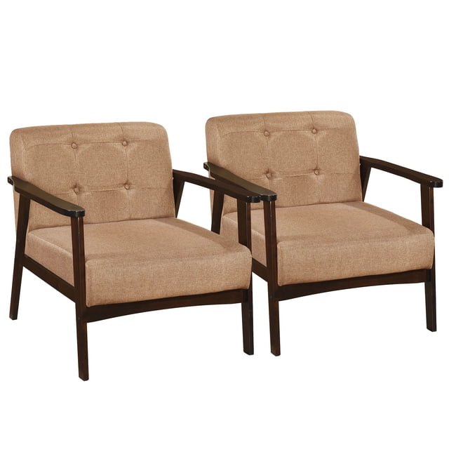 Costway 2PCS Accent Chair Button Tufted Mid-century Modern Lounge Chair with Armrest Brown