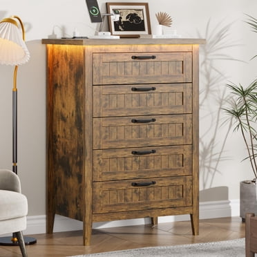 Tall 5 Drawer Dresser for Bedroom, Rustic Brown Dresser with LED Light and Power Outlet, Wooden Modern Chest of Drawers for Living Room, Entryway, Hallway