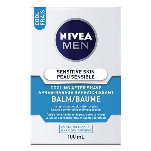 NIVEA MEN Sensitive Skin Cooling After Shave Balm 100 mL in a white and blue box with bilingual English and French text, highlighting its alcohol-free formula that soothes and cools sensitive skin after shaving for comfortable, non-sticky care.