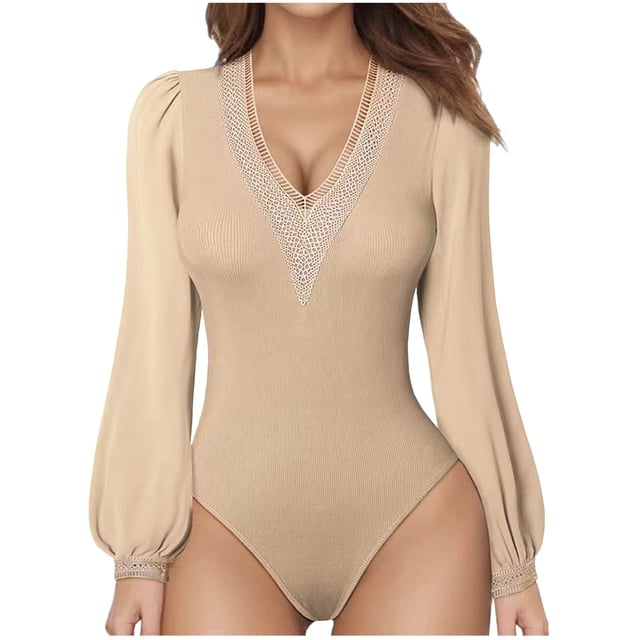 Yuyuzo Hauts d'Été pour Femmes en Dentelle à Col en V Extensibles à Manches Longues Bouffantes Chic Chandail Justaucorps Blouses