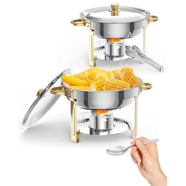 Plat Anti-Frottement pour Buffet, Lot de 2, Ensemble de Plats Ronds de 5 Qt pour Buffet avec Porte-Couvercle, Réchauds et Réchauds Alimentaires en Acier Inoxydable avec Cuillère et Pinces pour Fêtes, Mariages, Événements, Banquet, Or