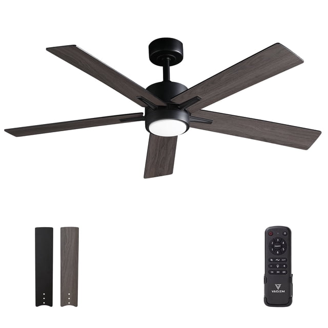 Vagizm Ceiling Fan with Light Remote: 52-inch modern ceiling fan featuring a black metal housing and five wooden blades in a dark finish. Includes a dimmable tri-color temperature LED light with a milky white glass shade for soft illumination. The fan is equipped with a quiet reversible DC motor for year-round use, offering forward and reverse modes for cooling in summer and heat distribution in winter. Comes with a remote control for six-speed settings, light memory function, and timer options. Suitable for indoor and covered outdoor spaces like bedrooms, dining rooms, or patios. Includes a 10-inch rod and safety cable for easy installation.