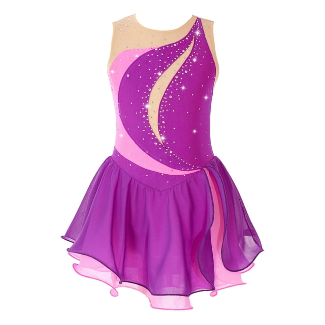 YONGHS Robe de Patinage Artistique Brillante pour Filles Enfants avec Strass Sans Manches en Mousseline Robe de Danse Ballet Violet 14