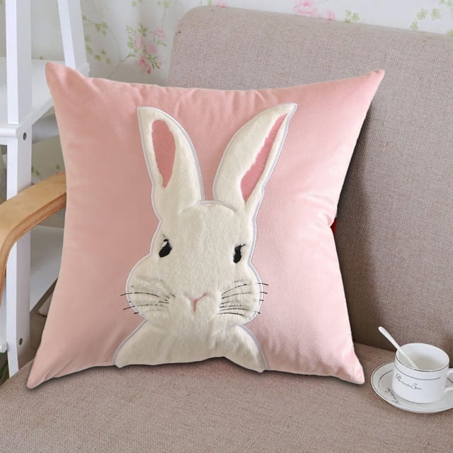 BotaniNest Velvet Rabbit Throw Pillow Embroidery Couple Pillow Cover Pink Throw Pillowcase Sofa Waist Pillow Cute Little Rabbit Throw Pillow