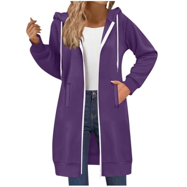 aohooy Long Zippered Hoodie for Women Fleece Zippered Casual Jacket Fall Tunic Coats Oversized Hooded Sweatshirt with Pockets 2025 Purple,L