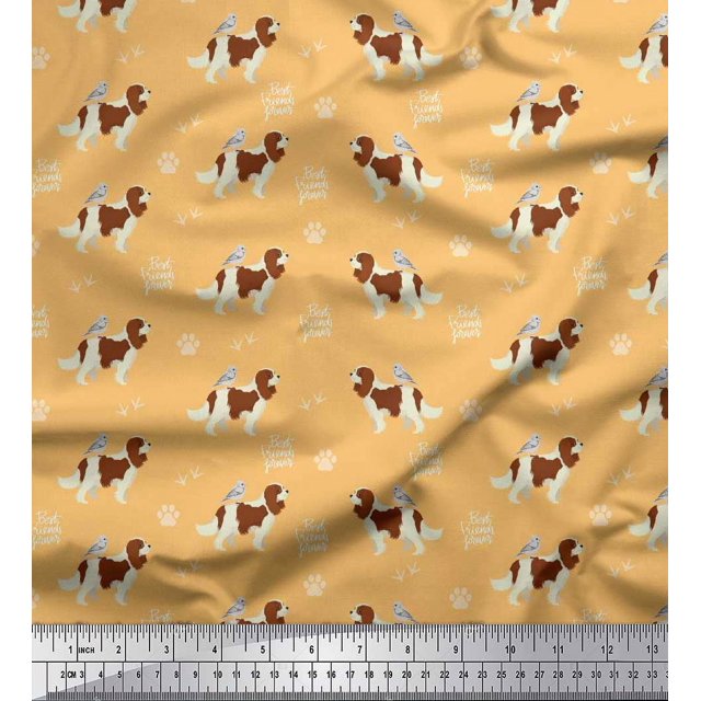 Soimoi Orange Rayon Fabric Bird,Paw & Cocker Spaniel Dog Fabric Prints By Yard 56 Inch Wide