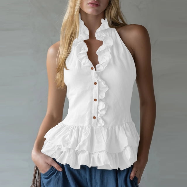 Uootdi Women's Tops Halter Neck Sleeveless Ruffle Trim Tops Party Occasion Lightweight Flowy Cut Comfortable Silhouette Tops Gift