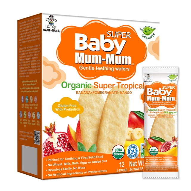 Baby Mum-Mum Organic Super Tropical rice rusks box and single pack showing gentle teething wafers made with organic banana, pomegranate, and mango. These gluten-free, prebiotic snacks dissolve easily, contain no common allergens, and are USDA Organic certified.