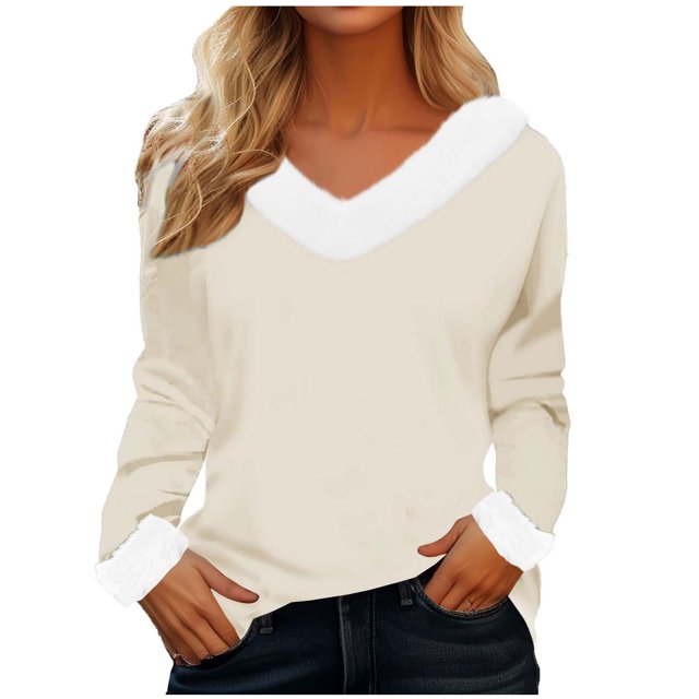 Timegard Hauts pour Femmes Noël Col en V Confortable Blouse à Manches Longues Automne Hiver Mode Décontractée Couleur Unie