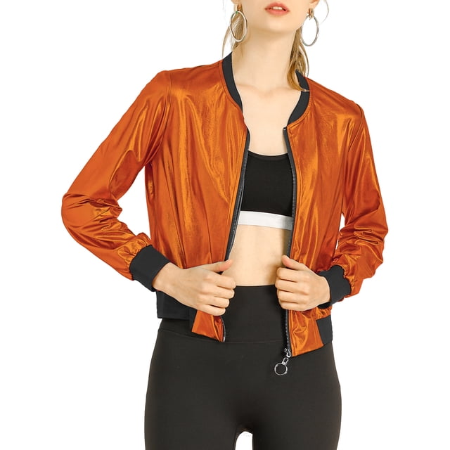 INSPIRE CHIC Women's Casual Stand Collar Metallic Zip Crop Length Bomber Jacket