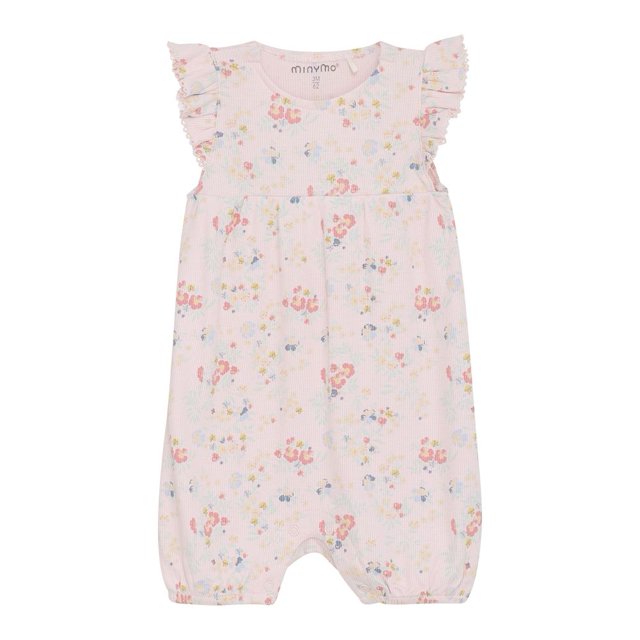 Minymo Ribbed Short-Sleeve Shirt with Shorts Set in Pink Flowers/White Swan for 12 months. The set includes a short-sleeved t-shirt and matching shorts, both featuring an allover floral print. Made of 100% GOTS-certified organic cotton, the t-shirt has hidden press studs on the shoulder for easy dressing, and the shorts have an elastic waistband for a comfortable fit. Suitable for infants, this outfit is soft, breathable, and ideal for everyday wear.