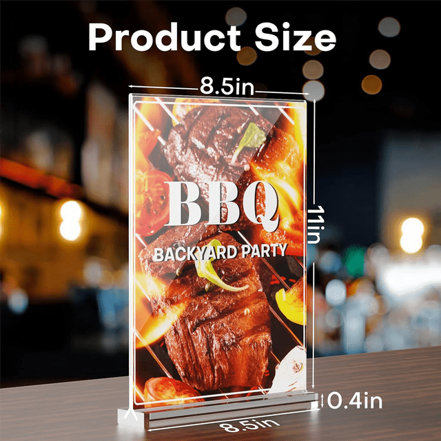 Acrylic Sign Holder 8.5 x 11, Sign Holder Clear Vertical 6 Pack displayed on a wooden surface in a restaurant setting. The transparent acrylic holder features a double-sided T-shape design with rounded corners for safety. It holds a vibrant BBQ Backyard Party flyer, showcasing its clarity and suitability for menus, advertisements, and flyers. The dimensions are 8.5 inches by 11 inches, with a sturdy base for stability. Ideal for use in restaurants, offices, weddings, and trade exhibitions.