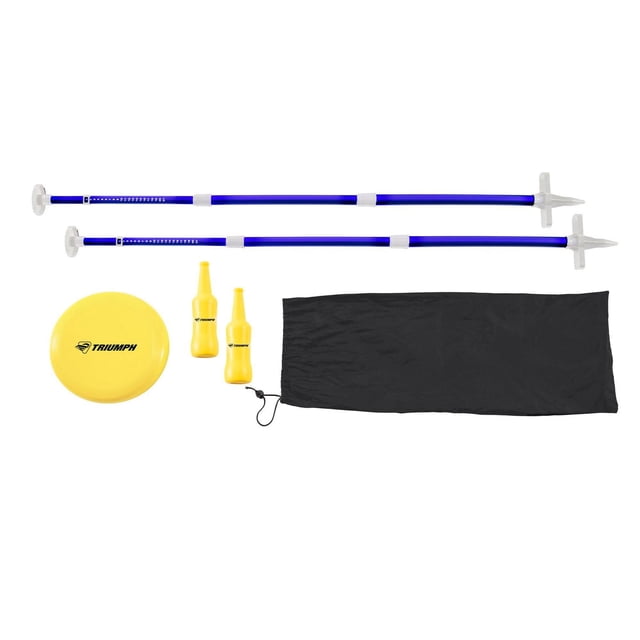 TRIUMPH Ensemble de Jeu de Bataille de Bouteilles de Lancer de Frisbee Extérieur Target Comprend Deux Poteaux en Aluminium Bleus Ajustables avec des Pointes Renforcées Blanches et des Plateformes pour Bouteilles, Deux Bouteilles Jaunes Incassables, un Disque Jaune avec le logo TRIUMPH, et un Sac de Transport à Cordon Noir, Conçu pour les Jeux Extérieurs Target et de Lancer d'Anneaux.