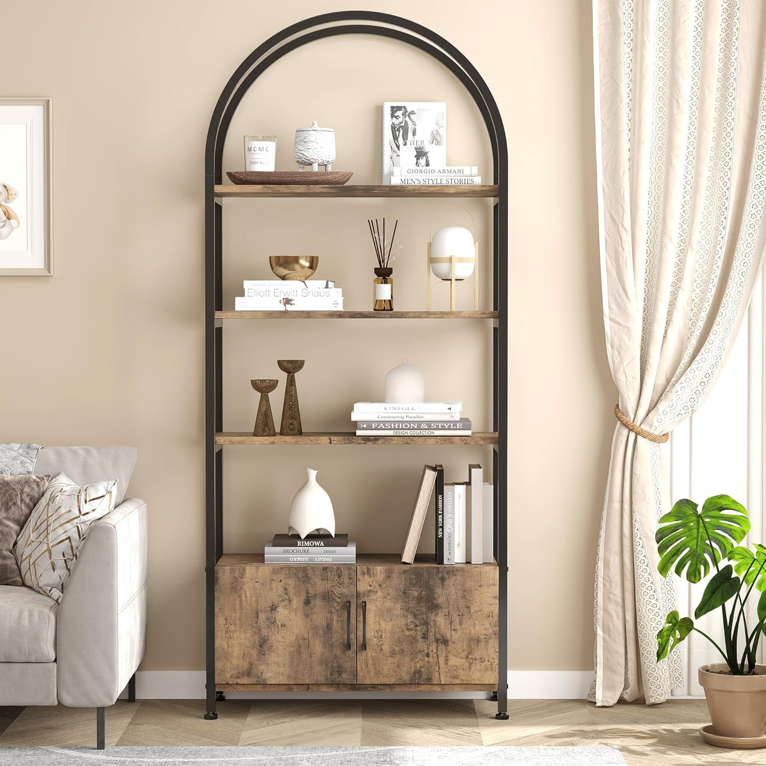 71.5 in Arched 4-Tier Bookshelf with Doors, Freestanding Metal Bookcase Cabinet with Open Shelves for Living Room, Home Office，Black+Brown
