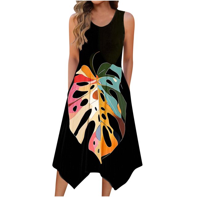 yoeyez Robes pour Femmes 2025 Fête Sans Manches Décontractée Robe Débardeur à Fleurs Ourlet Irrégulier Col Ras du Cou Robes Maxi Grande Taille Noir,P