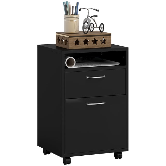 HOMCOM Vertical Filing Cabinet with Drawer Wheels, File Cabinet, Black mobile 23.6" (60 cm) office storage cabinet with black melamine-coated particle board finish; front-facing view shows open upper shelf, shallow pull-out drawer with metal-plated handle, lower cabinet with door, and four omnidirectional caster wheels (two with brakes). Overall 15.7" W x 13.8" D x 23.6" H. Also suitable as a mobile printer stand or bedside storage cart.