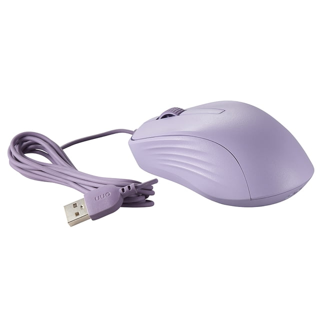 Onn. 3-Button Wired USB Mouse with Scroll Wheel in lavender, shown at a 3/4 angle with a matte finish. It features three clickable buttons, a scroll wheel, and a 6-foot (1.8 m) USB cable for plug-and-play use. Compatible with Windows, MacOS, and ChromeOS, offering 1000 DPI sensitivity for precise control, also suitable for wired desktop navigation.