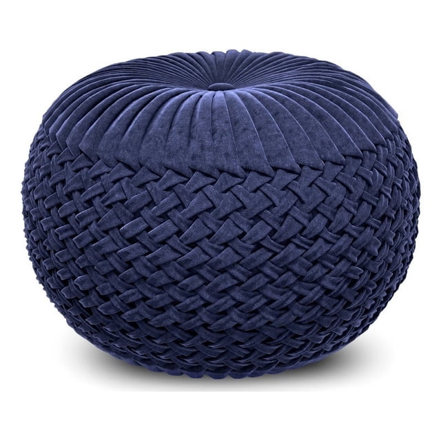 Grafton Transitional Round Pouf in Dark Blue Velvet Fabric