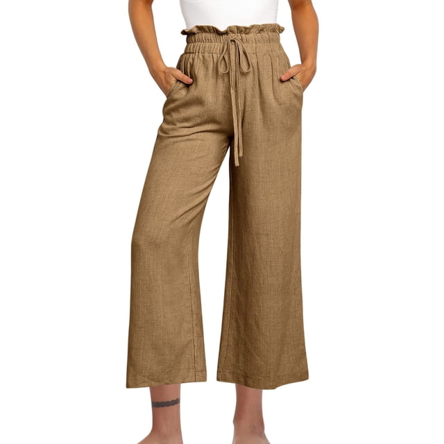 Yuyuzo Cotton Linen Pants for Women High Waisted Ruffle Drawstring Wide Leg Ankle Length Trousers