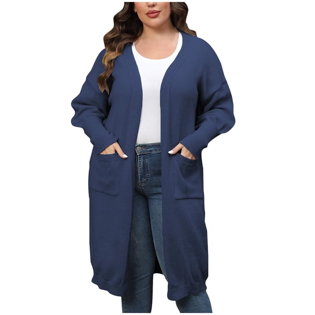 CEHVOM Women's Fashion Solid Color Plus-Size Loose MIDI Style Double Pockets Sweater Tops Clearance