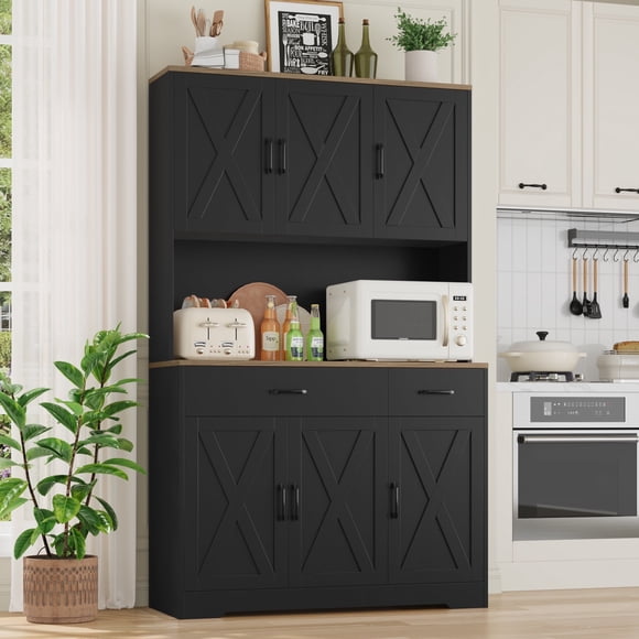 Homfa 71" Kitchen Pantry with Charging Station, Freestanding Cupboard with Adjustable Shelves, Floor Cabinet for Dining Room, Black
